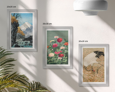Gallery wall Bergen in het landschap, een rivier, bloemen en kraanvogels in het gras.