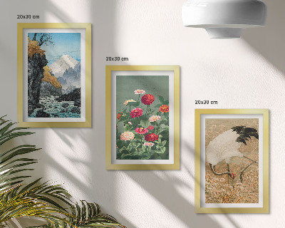 Gallery wall Bergen in het landschap, een rivier, bloemen en kraanvogels in het gras.