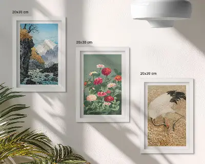 Gallery wall bergen in het landschap met een rivier, bloemen en kraanvogels in het gras