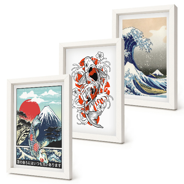 Gallery wall Illustraties van bergen vissen en de Grote Golf voor de kust van Kanagawa, in Japanse stijl.