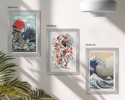 Gallery wall Illustraties van bergen vissen en de Grote Golf voor de kust van Kanagawa, in Japanse stijl.