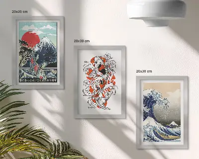Gallery wall met illustraties van bergen, vissen en de Grote Golf bij Kanagawa in Japanse stijl