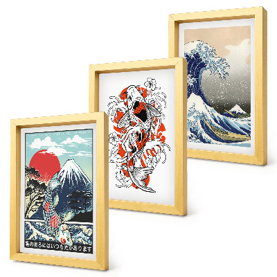 Gallery wall Illustraties van bergen vissen en de Grote Golf voor de kust van Kanagawa, in Japanse stijl.