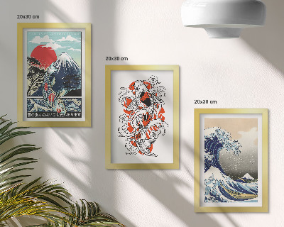 Gallery wall Illustraties van bergen vissen en de Grote Golf voor de kust van Kanagawa, in Japanse stijl.