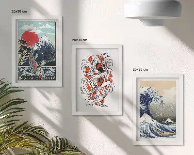Gallery wall met illustraties van bergen, vissen en de Grote Golf bij Kanagawa in Japanse stijl