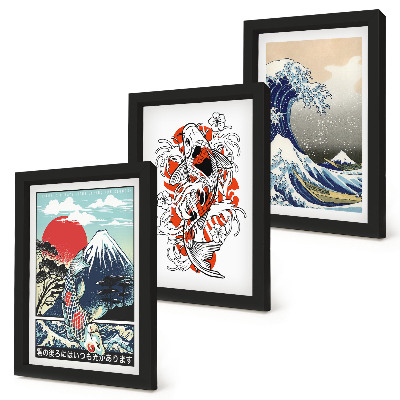Gallery wall Illustraties van bergen vissen en de Grote Golf voor de kust van Kanagawa, in Japanse stijl.