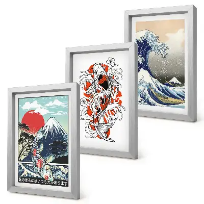 Gallery wall met illustraties van bergen, vissen en de Grote Golf bij Kanagawa in Japanse stijl