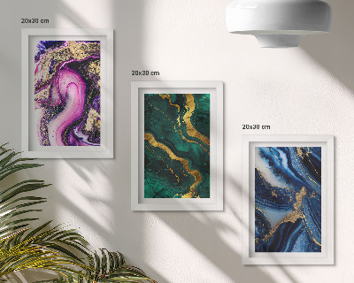 Gallery wall Abstracte patronen in tinten roze, groen en blauw.