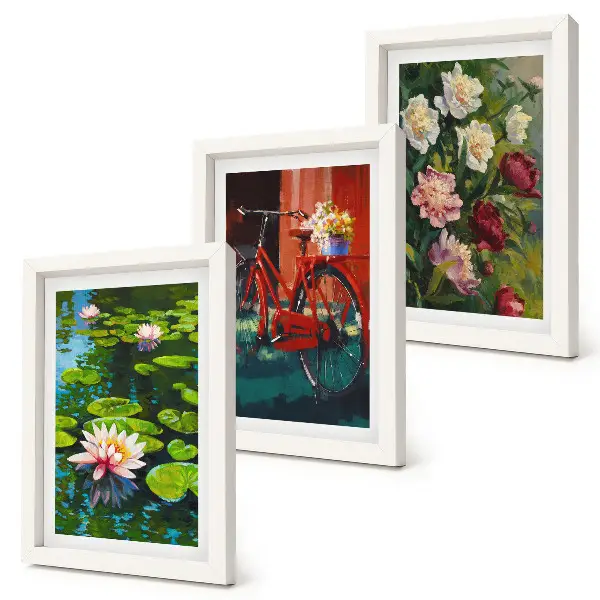Set van ingelijste schilderijen met lelies op het water, een fiets in de tuin en kleurrijke bloemen