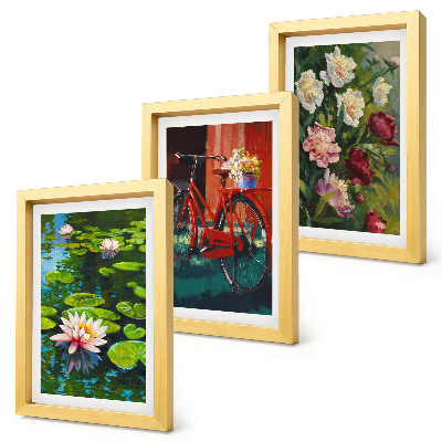 Set van ingelijste schilderijen Lelies op het water, fiets in de tuin, kleurrijke bloemen