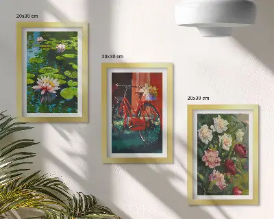 Set van ingelijste schilderijen met lelies op het water, een fiets in de tuin en kleurrijke bloemen