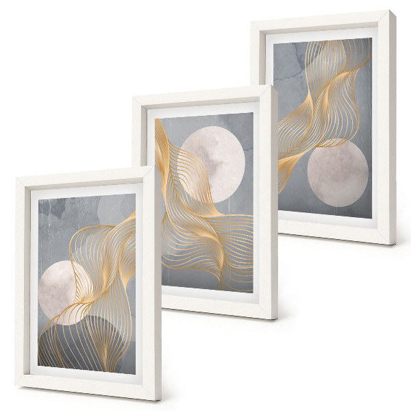 Set van ingelijste schilderijen Abstracte patronen met golven en cirkels op een grijze achtergrond.