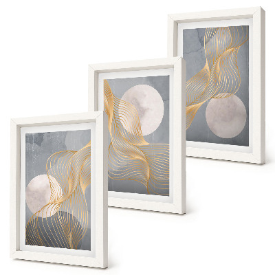 Set van ingelijste schilderijen Abstracte patronen met golven en cirkels op een grijze achtergrond.