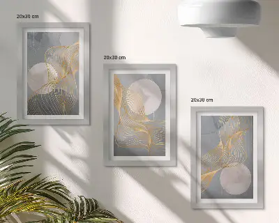 Set ingelijste schilderijen met abstracte patronen van golven en cirkels op een grijze achtergrond