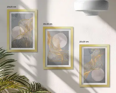 Set ingelijste schilderijen met abstracte patronen van golven en cirkels op een grijze achtergrond