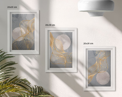 Set van ingelijste schilderijen Abstracte patronen met golven en cirkels op een grijze achtergrond.