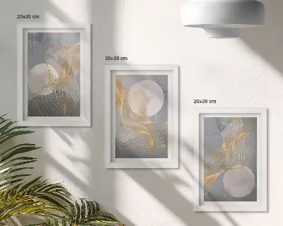 Set ingelijste schilderijen met abstracte patronen van golven en cirkels op een grijze achtergrond