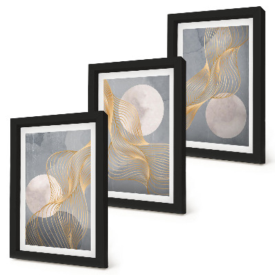 Set van ingelijste schilderijen Abstracte patronen met golven en cirkels op een grijze achtergrond.