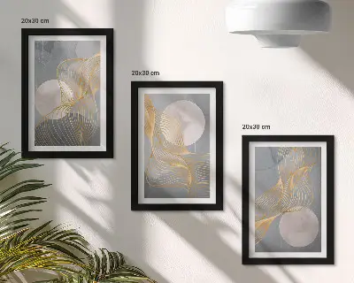Set ingelijste schilderijen met abstracte patronen van golven en cirkels op een grijze achtergrond