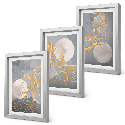 Set van ingelijste schilderijen Abstracte patronen met golven en cirkels op een grijze achtergrond.