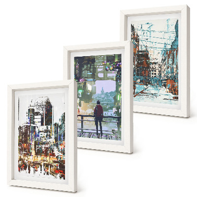 Set van ingelijste schilderijen Moderne steden in kleur met een figuur op de achtergrond.