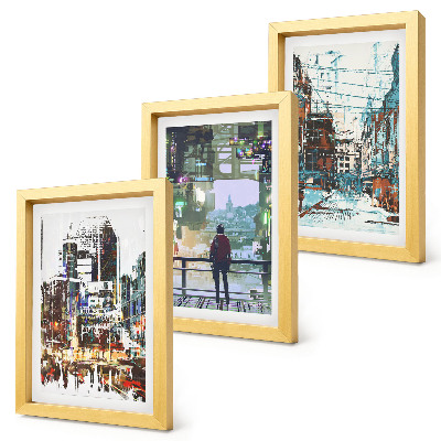 Set van ingelijste schilderijen Moderne steden in kleur met een figuur op de achtergrond.