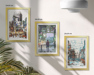 Set van ingelijste schilderijen Moderne steden in kleur met een figuur op de achtergrond.