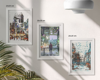 Set van ingelijste schilderijen Moderne steden in kleur met een figuur op de achtergrond.