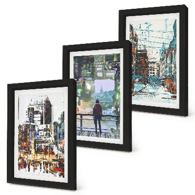 Set van ingelijste schilderijen Moderne steden in kleur met een figuur op de achtergrond.