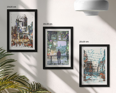 Set van ingelijste schilderijen Moderne steden in kleur met een figuur op de achtergrond.