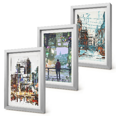 Set van ingelijste schilderijen Moderne steden in kleur met een figuur op de achtergrond.