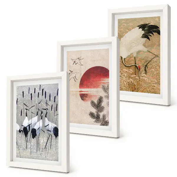 Japanse kraanvogel wanddecoratie set met illustraties in japandi landschapsstijl voor een gallery wall