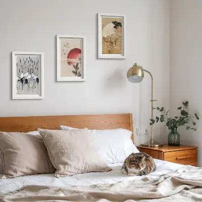 Japanse kraanvogel wanddecoratie set met illustraties in japandi landschapsstijl voor een gallery wall