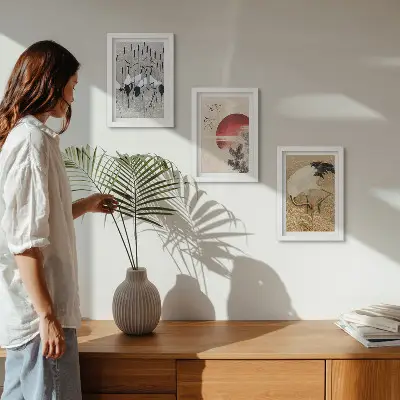 Japanse kraanvogel wanddecoratie set met illustraties in japandi landschapsstijl voor een gallery wall