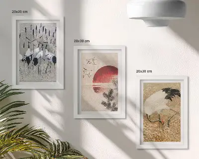 Japanse kraanvogel wanddecoratie set met illustraties in japandi landschapsstijl voor een gallery wall