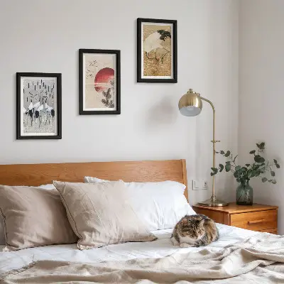 Japanse kraanvogel wanddecoratie set met illustraties in japandi landschapsstijl voor een gallery wall