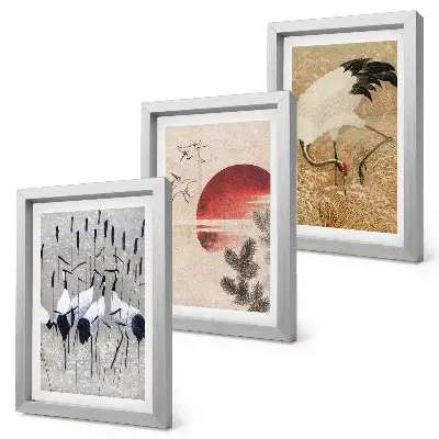 Japanse kraanvogel wanddecoratie set met illustraties in japandi landschapsstijl voor een gallery wall