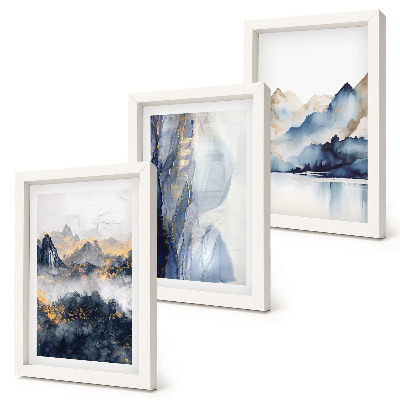 Set van ingelijste schilderijen Berglandschappen met blauwe en grijze tinten