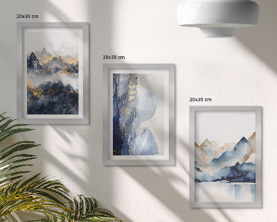 Set van ingelijste schilderijen Berglandschappen met blauwe en grijze tinten