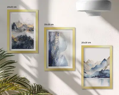 Set van ingelijste schilderijen berglandschappen in blauwe en grijze tinten