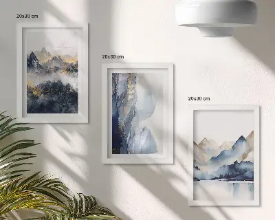 Set van ingelijste schilderijen berglandschappen in blauwe en grijze tinten