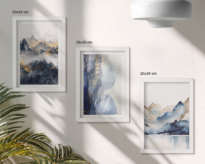 Set van ingelijste schilderijen Berglandschappen met blauwe en grijze tinten