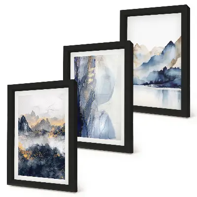 Set van ingelijste schilderijen berglandschappen in blauwe en grijze tinten
