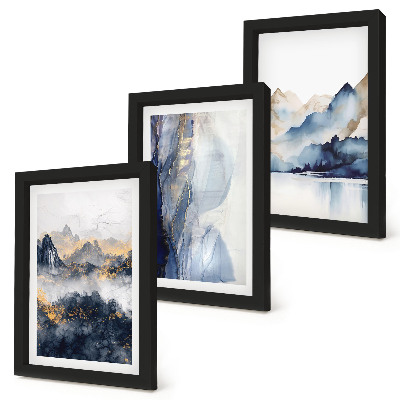 Set van ingelijste schilderijen Berglandschappen met blauwe en grijze tinten