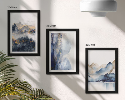 Set van ingelijste schilderijen Berglandschappen met blauwe en grijze tinten