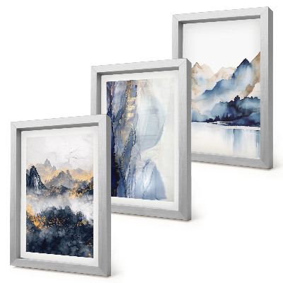 Set van ingelijste schilderijen Berglandschappen met blauwe en grijze tinten