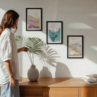 Set ingelijste schilderijen met abstracte landschappen van bergen en de zon