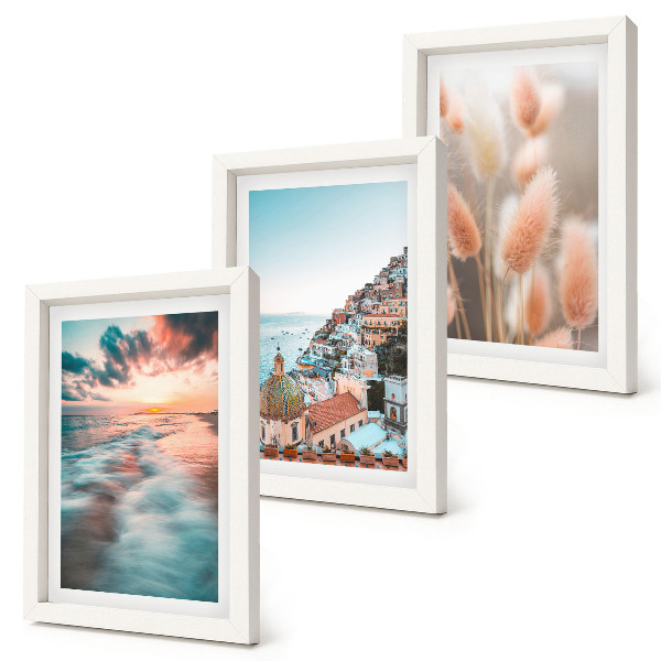 Gallery wall Uitzicht op zee, zonsondergang, kleurrijke huizen en bloemen