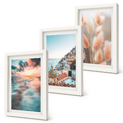 Gallery wall Uitzicht op zee, zonsondergang, kleurrijke huizen en bloemen