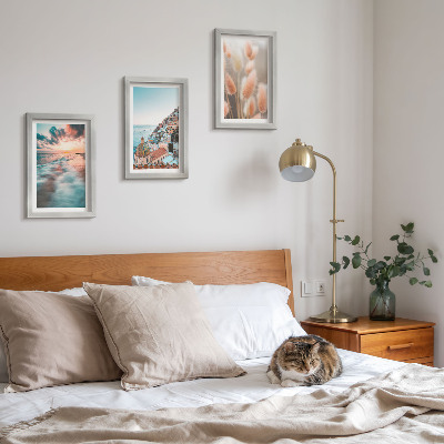 Gallery wall Uitzicht op zee, zonsondergang, kleurrijke huizen en bloemen